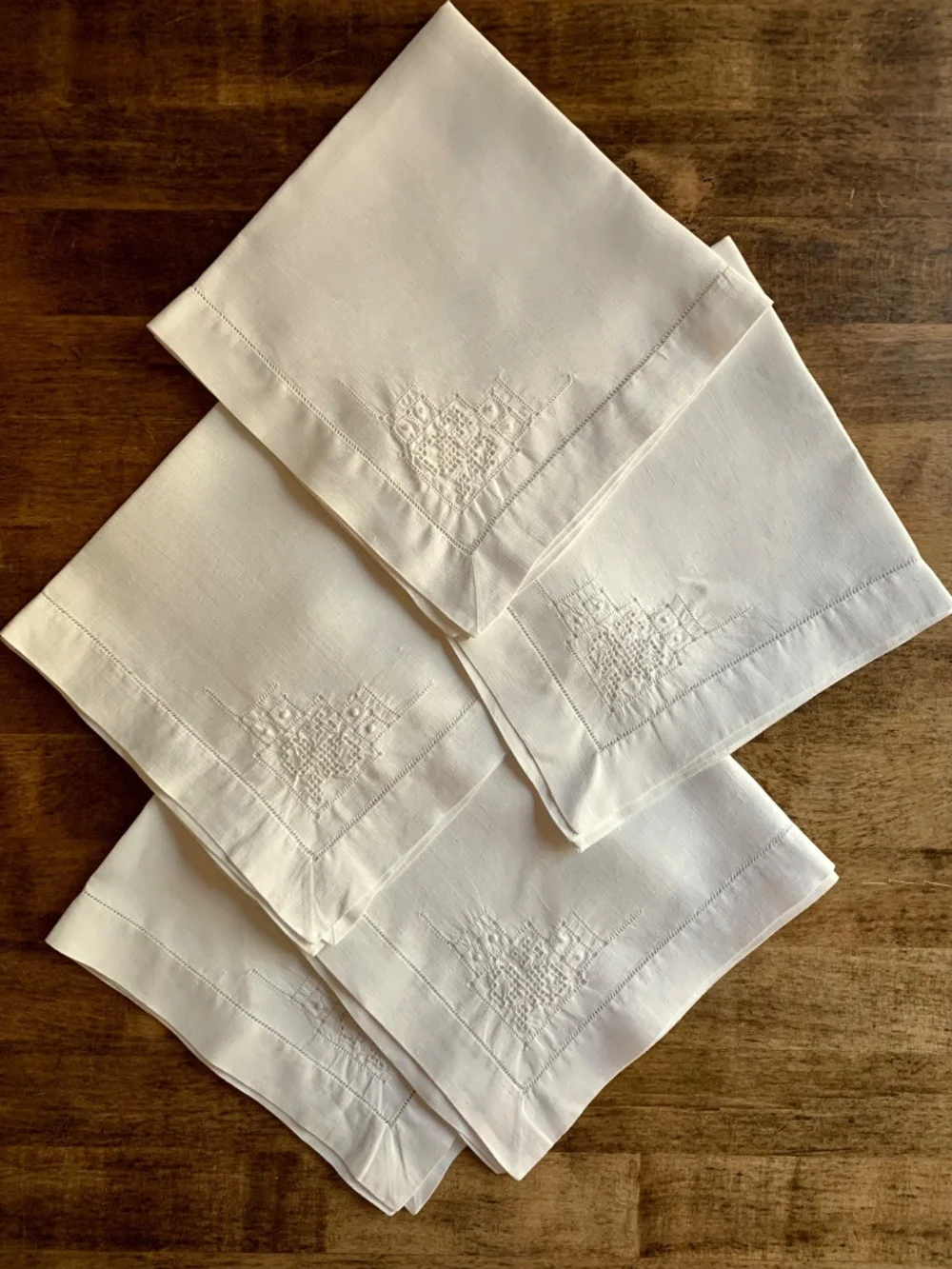 White Linen Openwork Embroidered Napkins – Set of 5 (15”) – Vintage